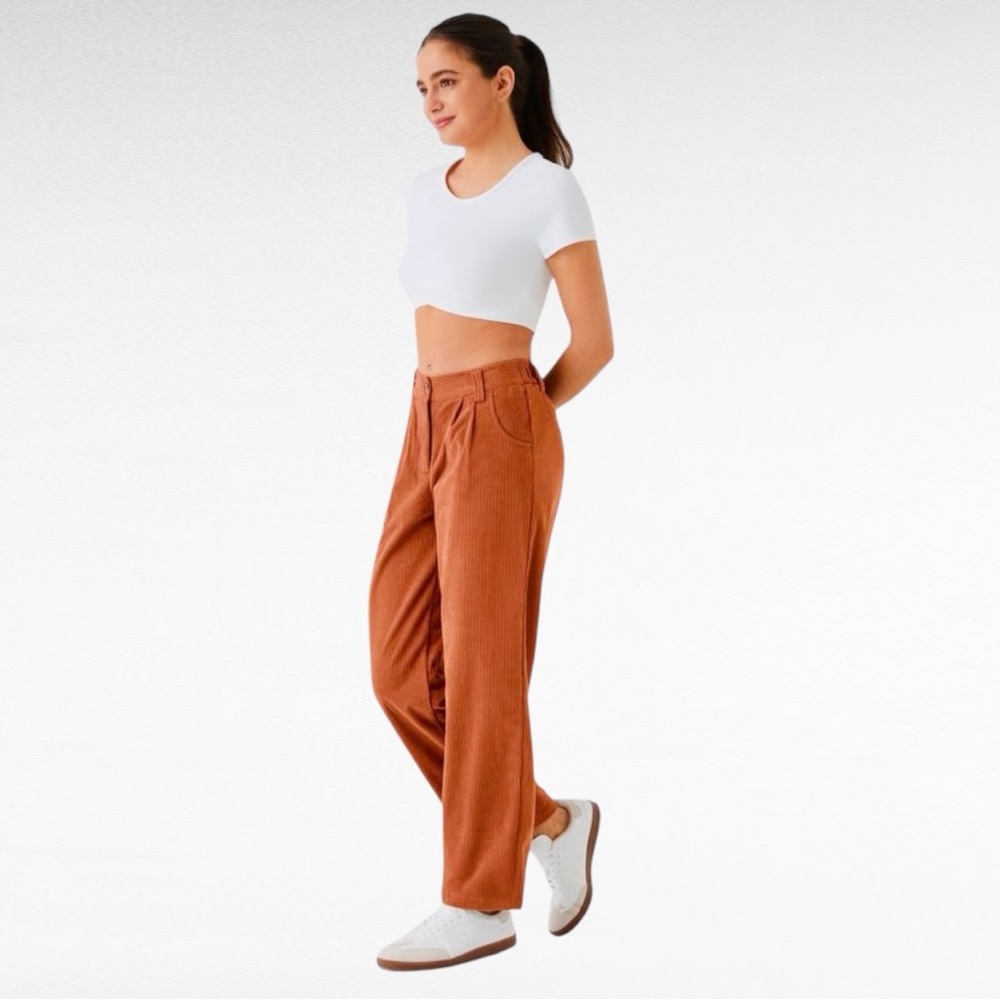 HALARA | Bombay Brown Mid Rise Button Zipper Side Pocket Casual Corduroy Pants - Picture 10 of 10
